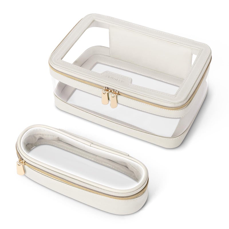 Soimeat Travel Clear Makeup Bag with Makeup Brush Bag Leather Makeup Case Toiletry Bag Portable Cosmetic Bag Case Transparent Waterproof Cosmetic Organizer Storage Bag for Women Medium OffWhite
